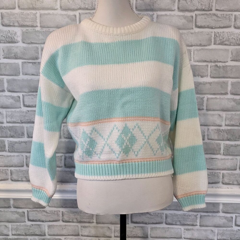 Vintage Here's A Hug 80s Pastel Argyle Print Sweater Med Retro Cozy Preppy Med